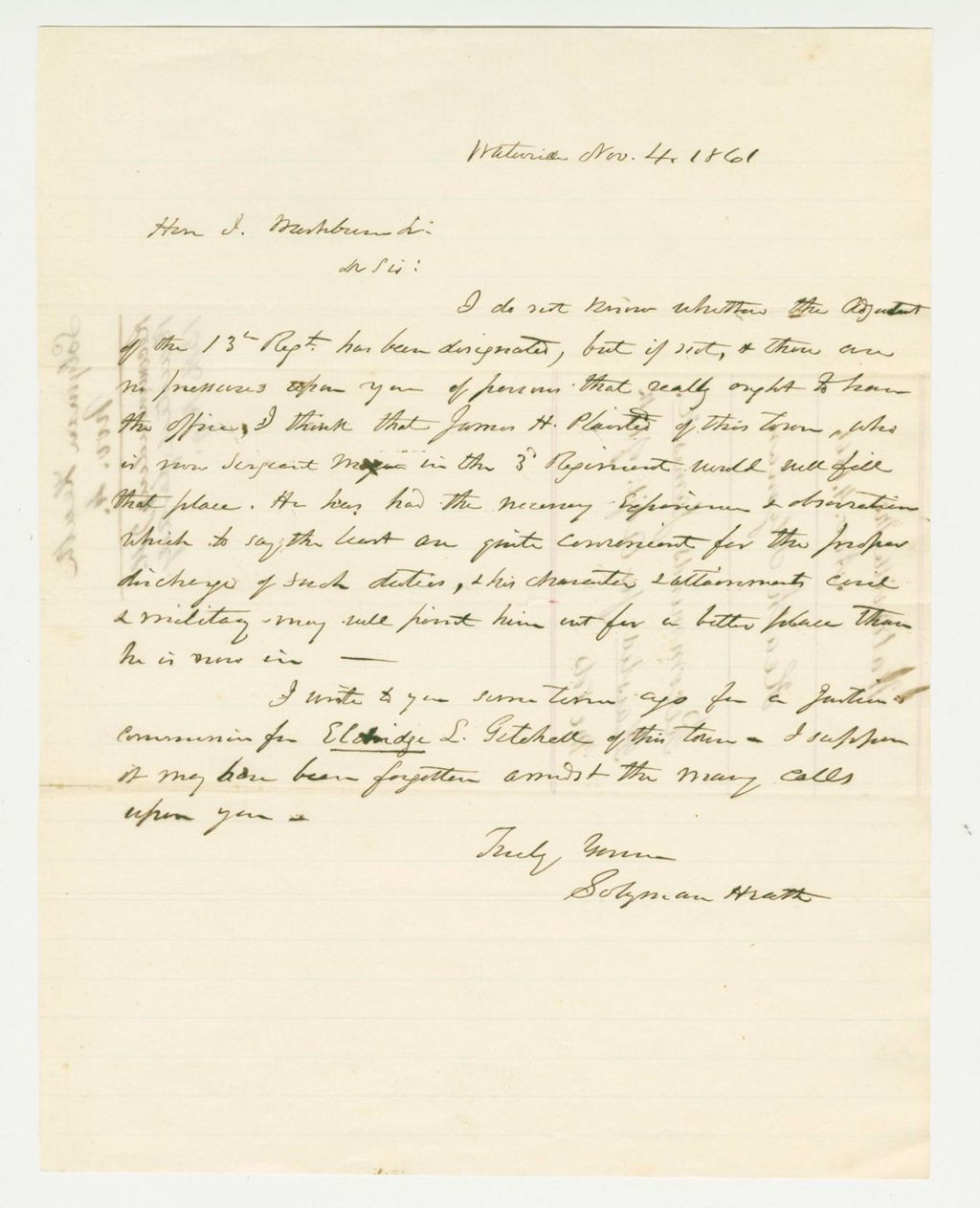 Miniature of Solyman Heath recommends James H. Plaisted for Adjutant of the 13th Maine Regiment