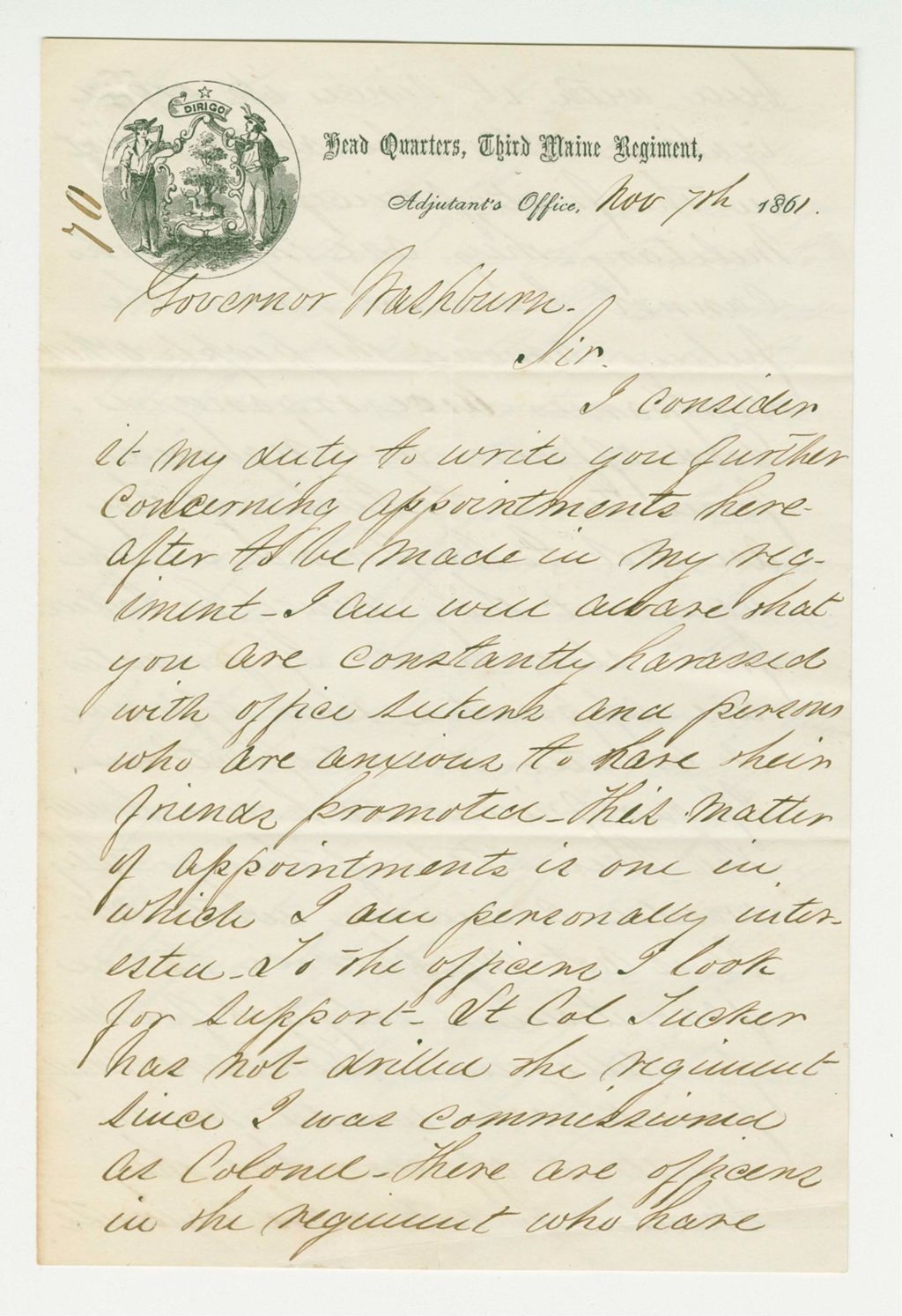 Miniature of Colonel Staples writes Governor Washburn regarding requirements for promotion of soldiers