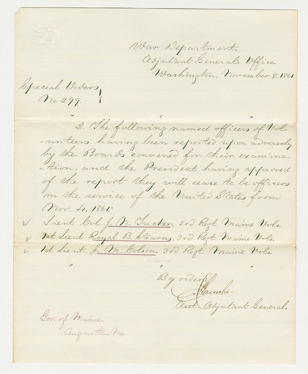 Miniature of Special Order 299 discharging Tucker, Stearns, and Colson