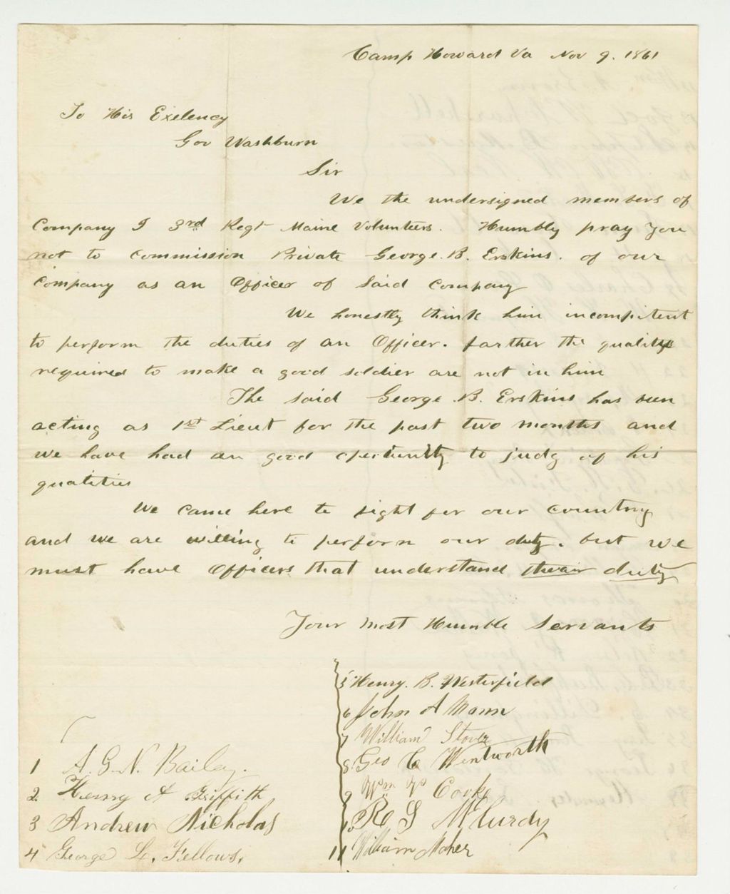 Miniature of Members of Company I requests that George B. Erskins not be commissioned an officer, as they believe him incompetent