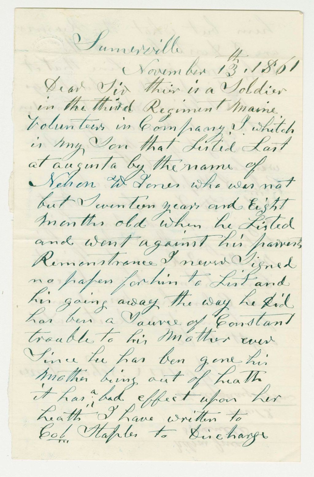 Miniature of Nehen Jones requests the discharge of his young son who enlisted without his permission