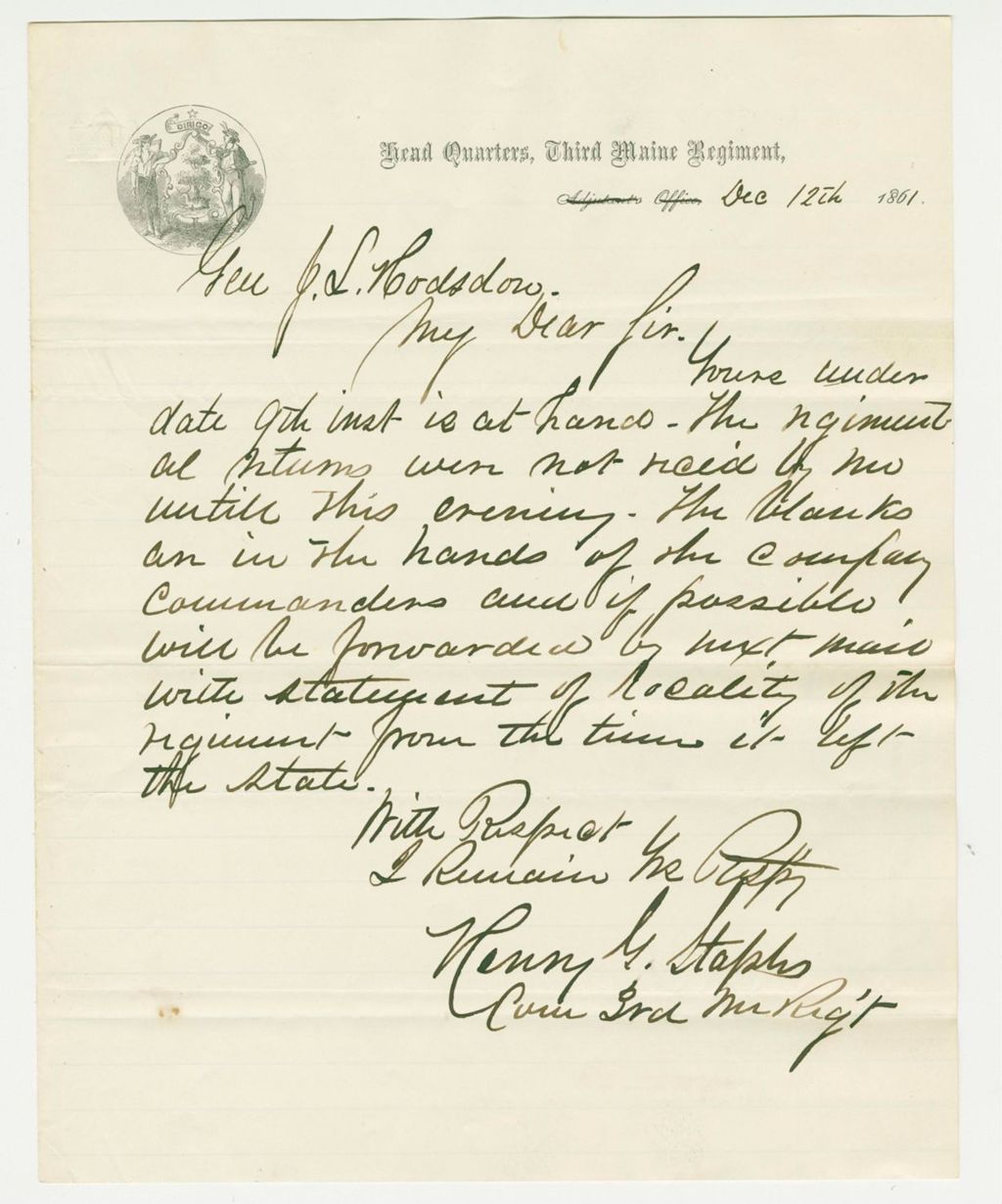 Miniature of Colonel Henry Staples acknowledges receipt of blank forms and distribution to company commanders