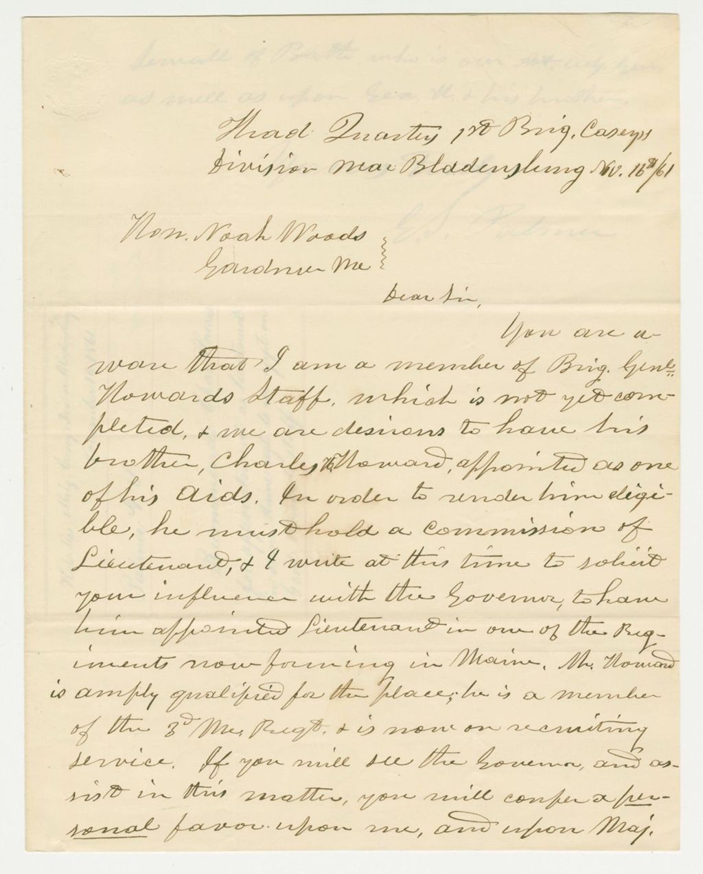 Miniature of G.S. Palmer recommends Charles Howard for appointment as lieutenant in order to accept a position on General Howard's staff
