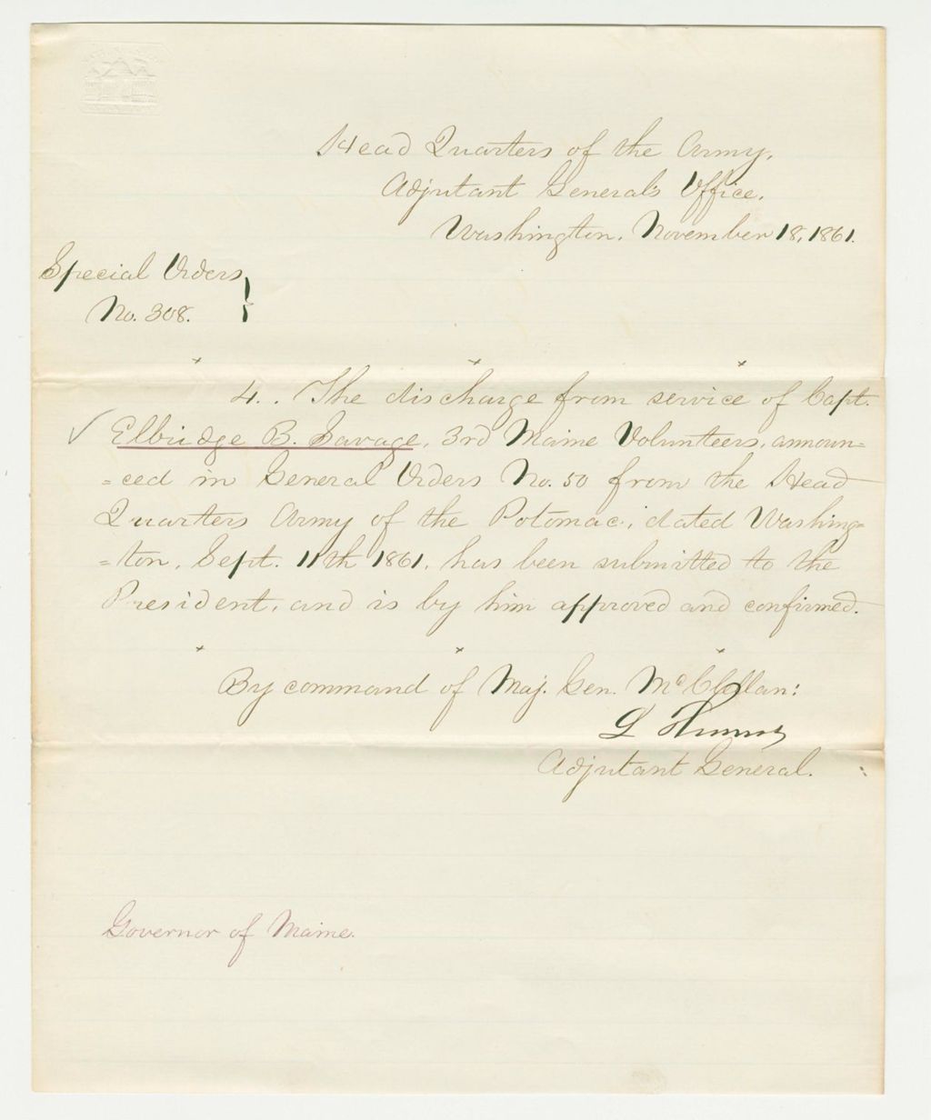 Miniature of Special Order 308 giving Presidential approval to the discharge of Elbridge B. Savage