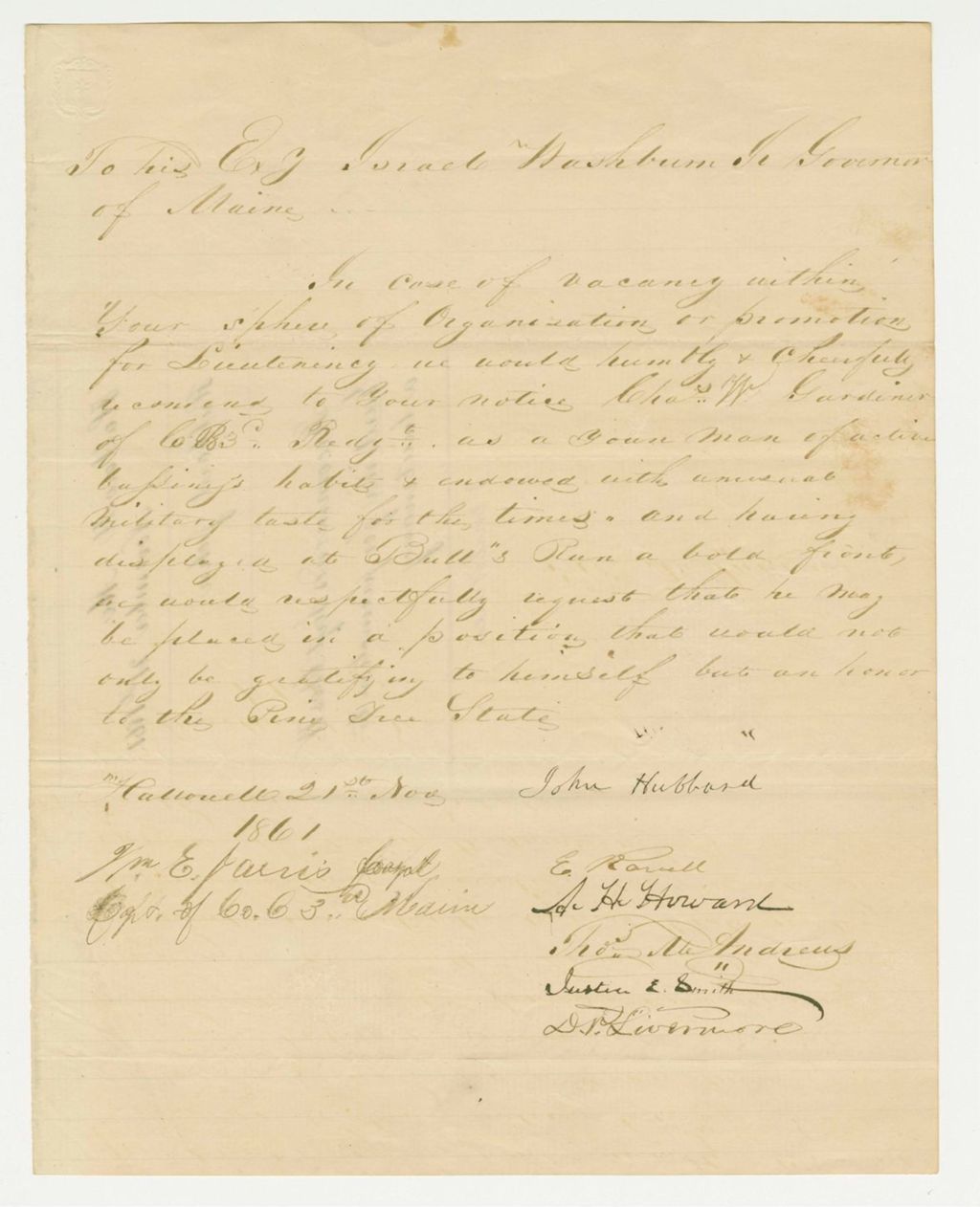 Miniature of John Hubbard recommends Sergeant Charles W. Gardiner for promotion
