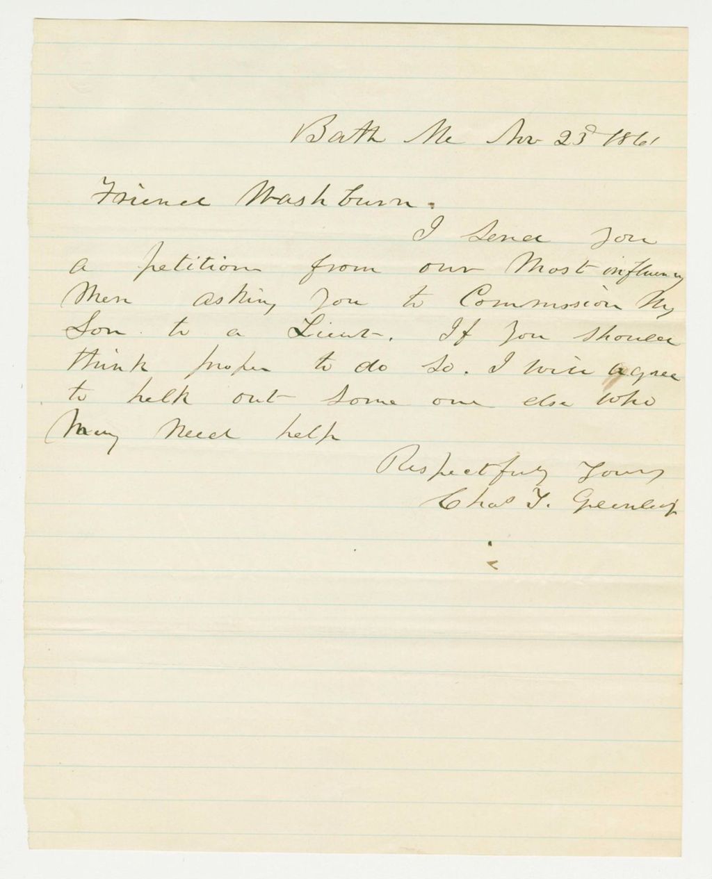 Miniature of Charles Greenleaf requests a commission for his son