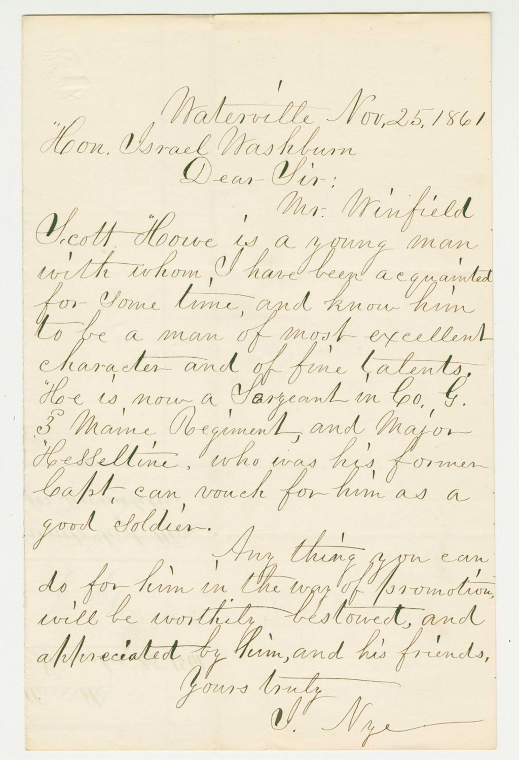 Miniature of Mr. Nye recommends Sergeant Winfield Scott Howe for promotion