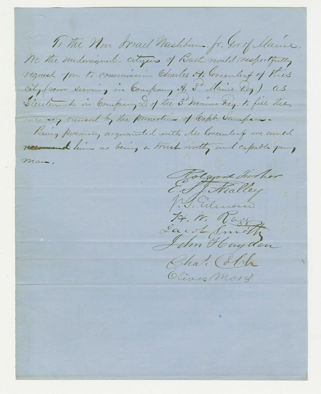 Miniature of John Hayden and other citizens of Bath petition for a commission for Charles Greenleaf of Company A