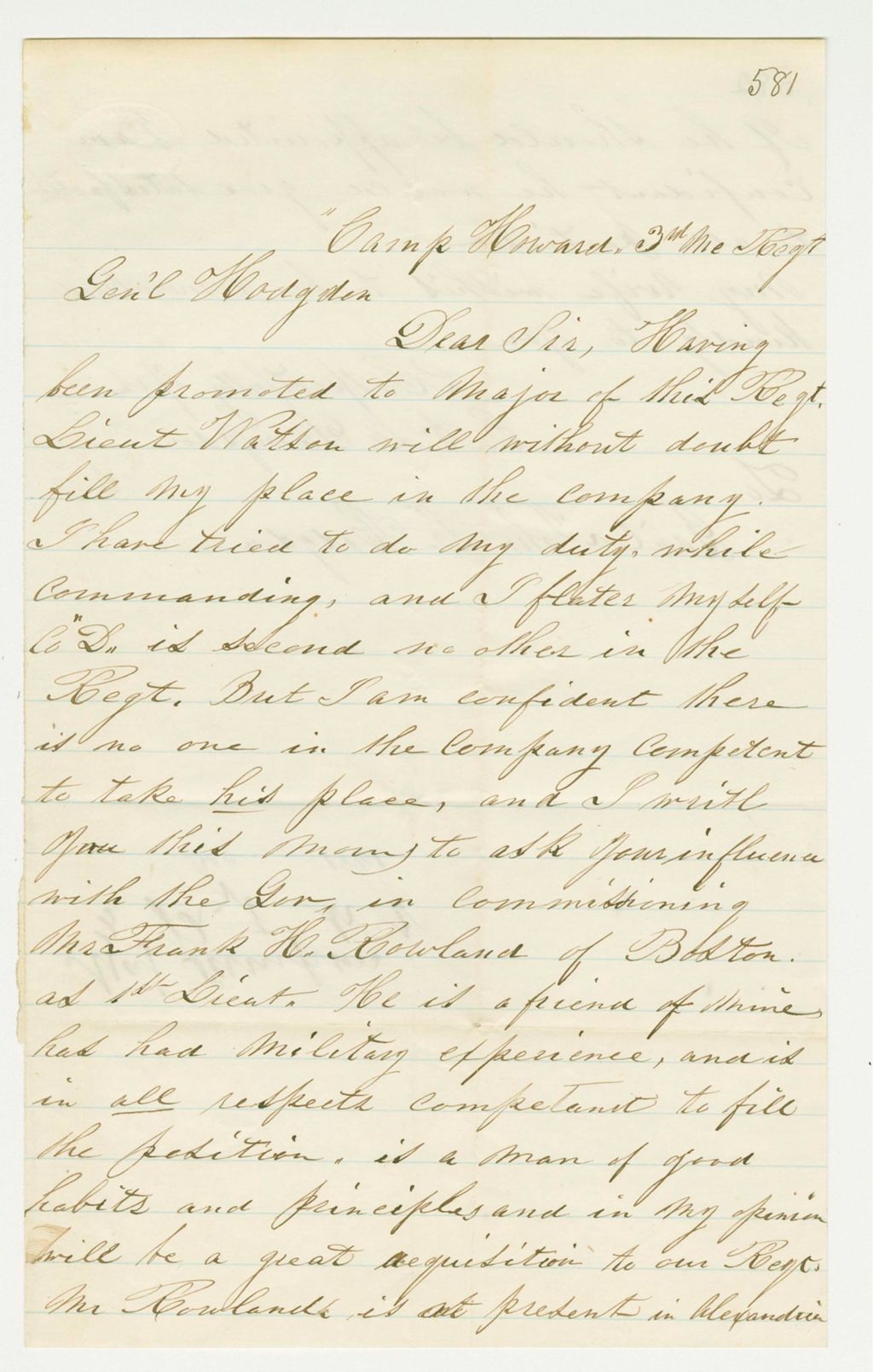 Miniature of Charles A.L. Sampson recommends Frank H. Rowland for a commission