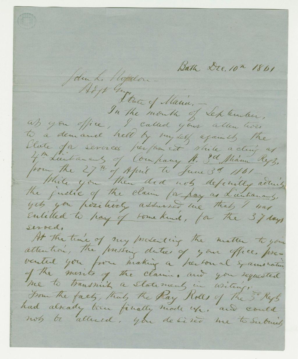Miniature of William D. Haley requests payment for services as lieutenant of Company A