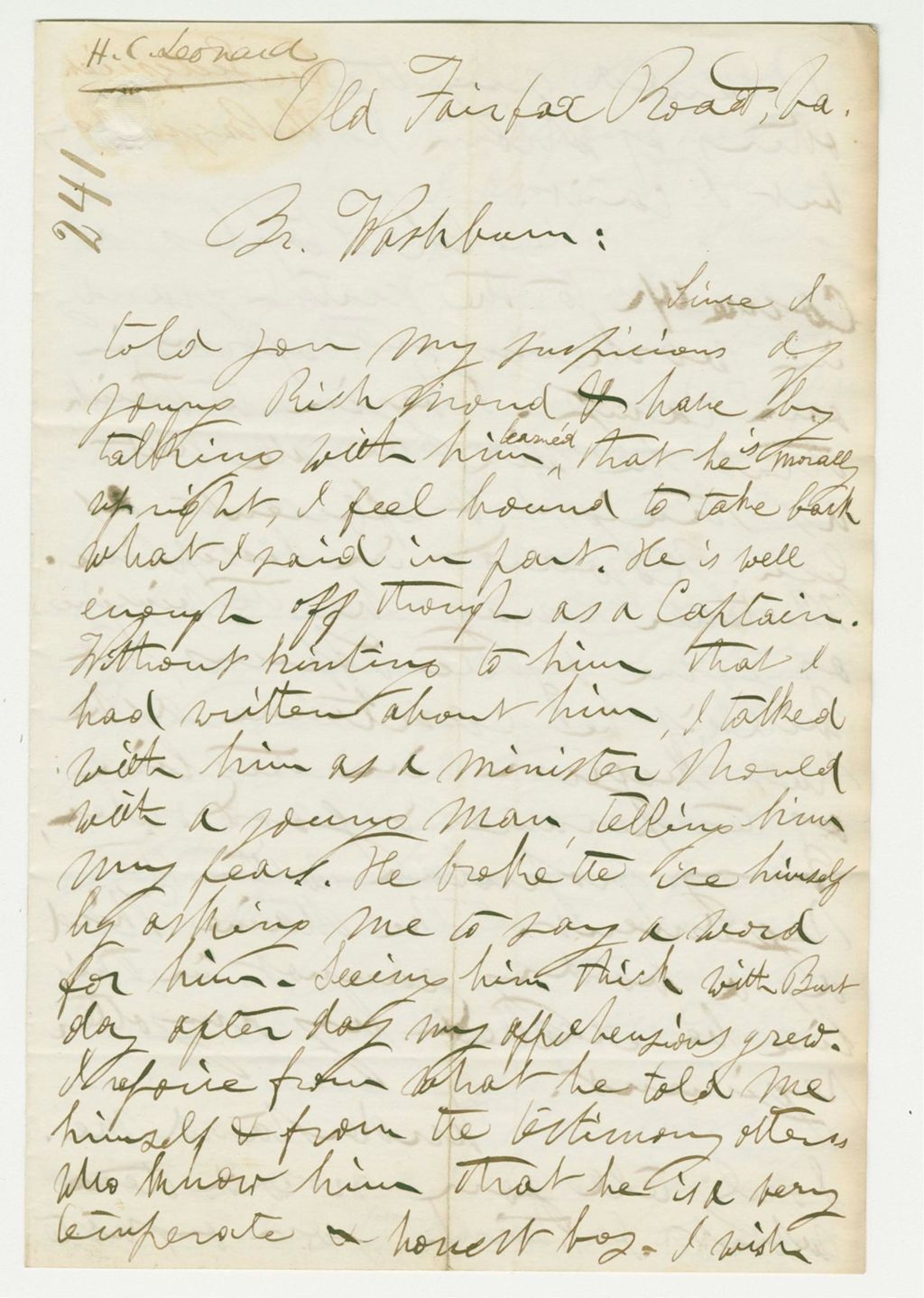 Miniature of Mr. Leonard writes to Governor Washburn