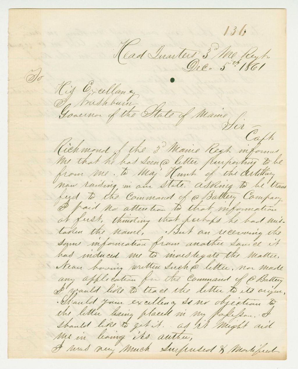 Miniature of Major Burt writes Governor Washburn regarding a forged letter saying he wanted to transfer to an artillery company