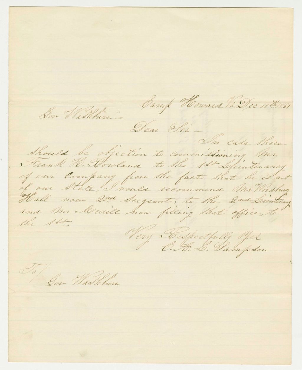 Miniature of Charles A.L. Sampson recommends Woodbury Hall for appointment as Lieutenant