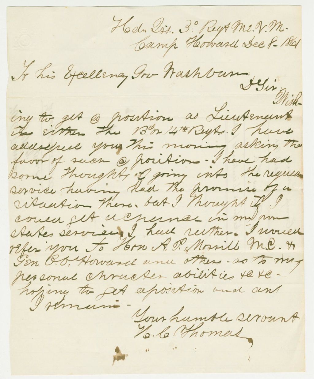 Miniature of H.C. Thomas requests a position as lieutenant