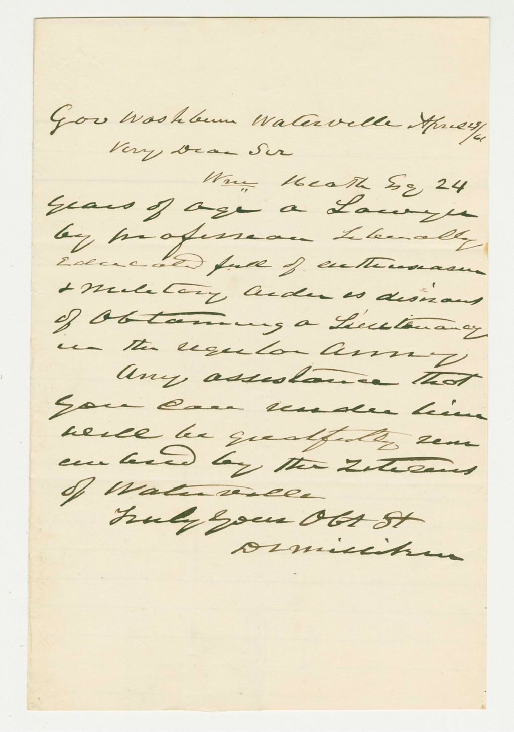 Miniature of D.L. Milliken recommends William Heath for lieutenant