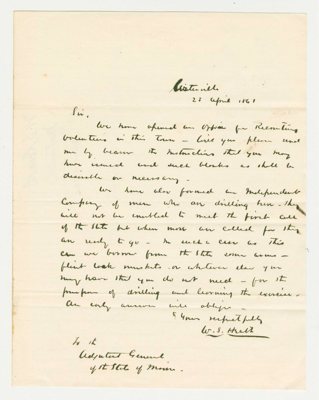 Miniature of W.S. Heath reports that he has opened a recruiting office
