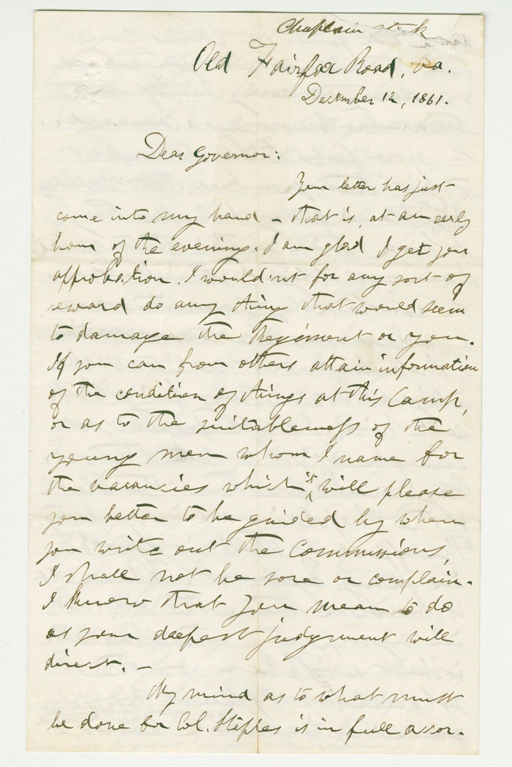 Miniature of Chaplain Leonard writes Governor Washburn about promotions