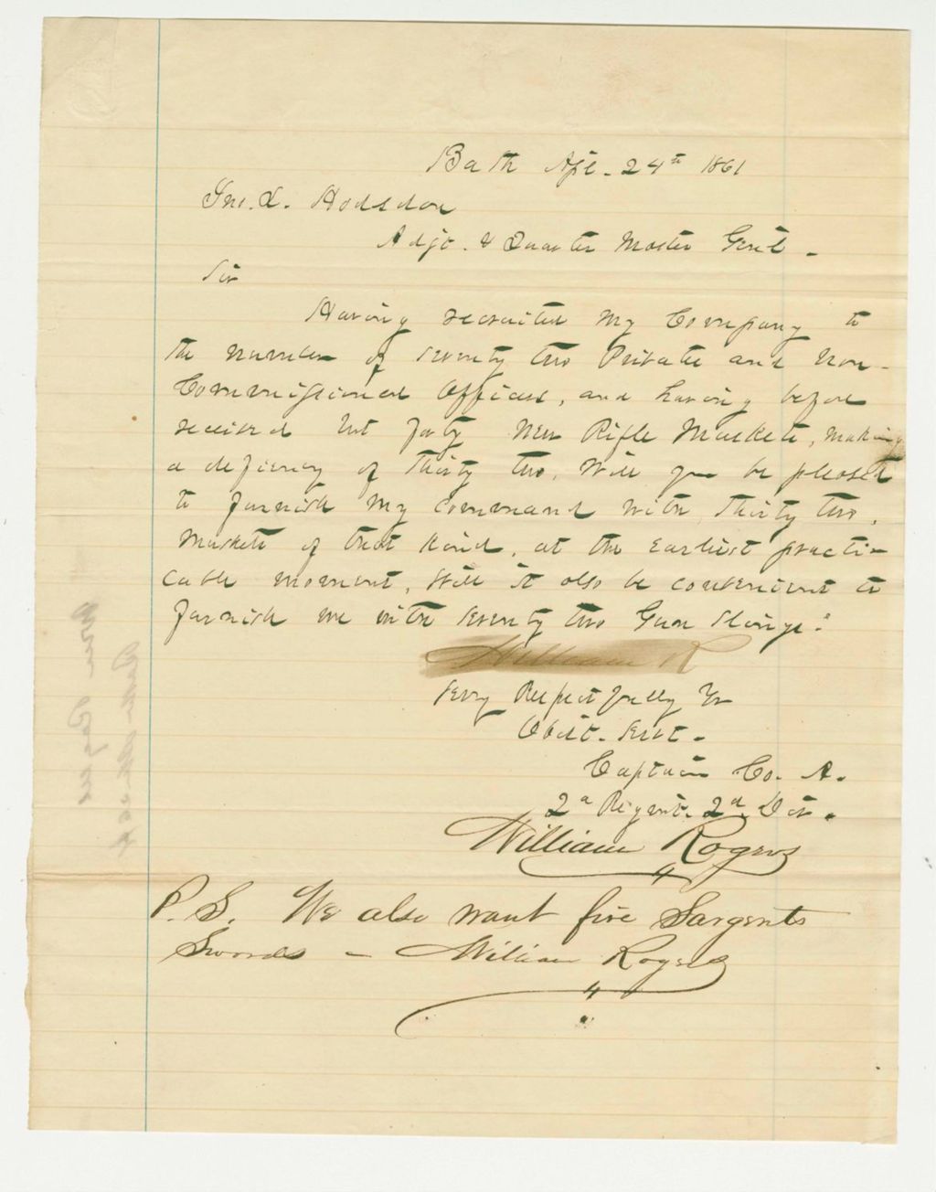 Miniature of Captain William Rogers requests muskets for new recruits in Company A