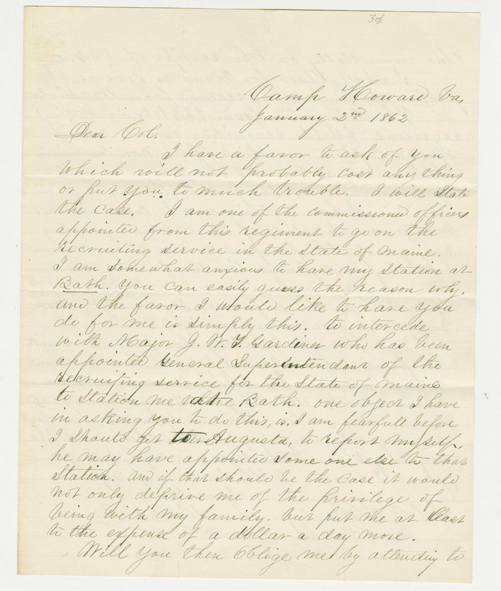Miniature of Reuben Sawyer requests to be stationed in Bath for recruitments
