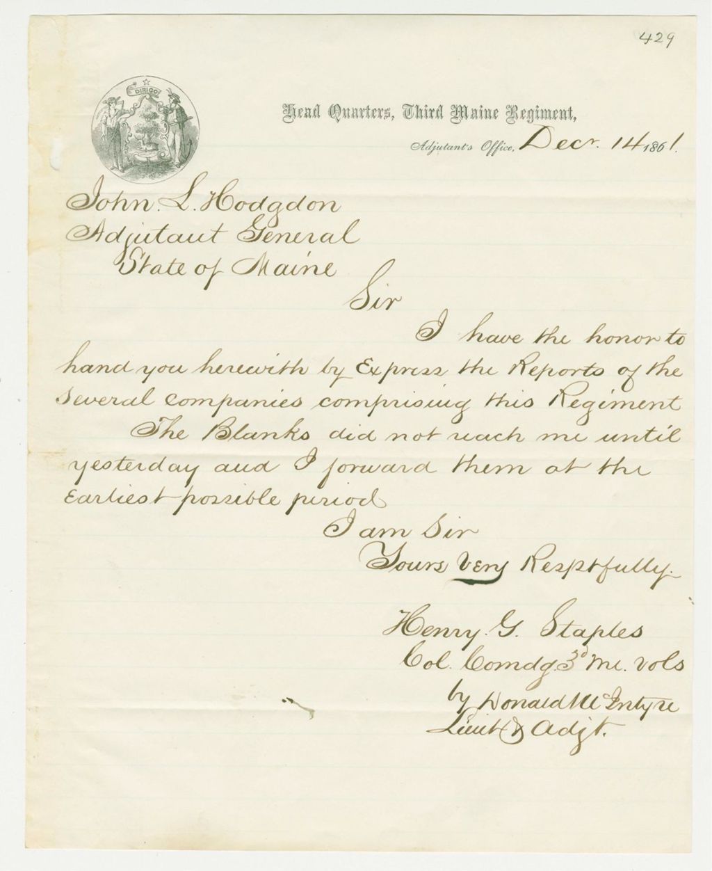Miniature of Colonel Staples and Lieutenant Donald McIntyre forward reports of various companies