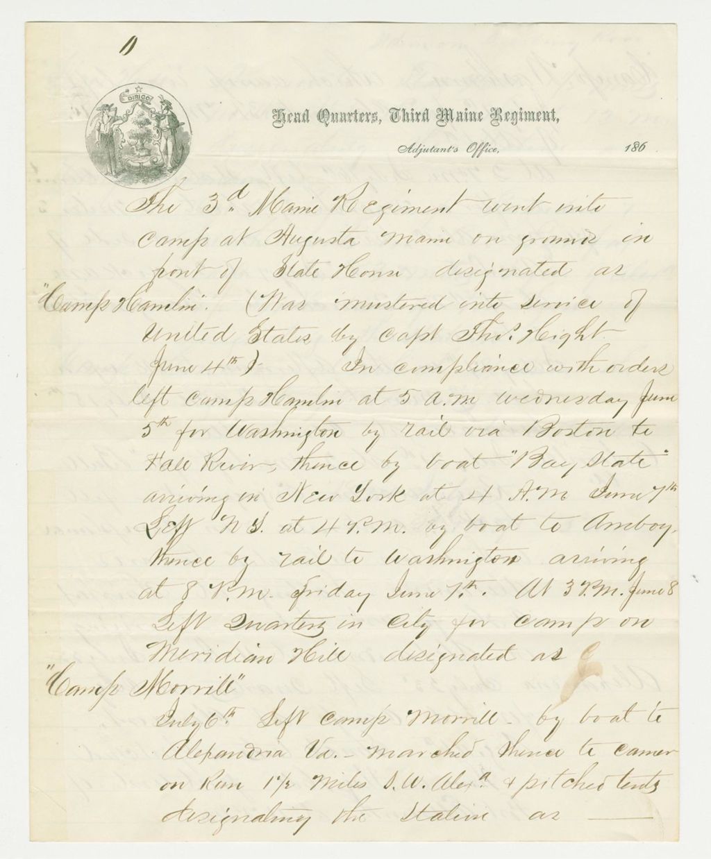 Miniature of Lieutenant McIntyre encloses his report of the regiment at different camps