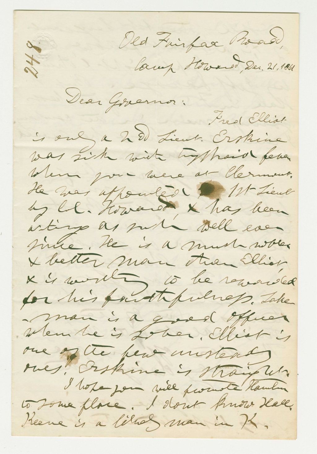 Miniature of Chaplain Leonard updates Governor Washburn about the regiment