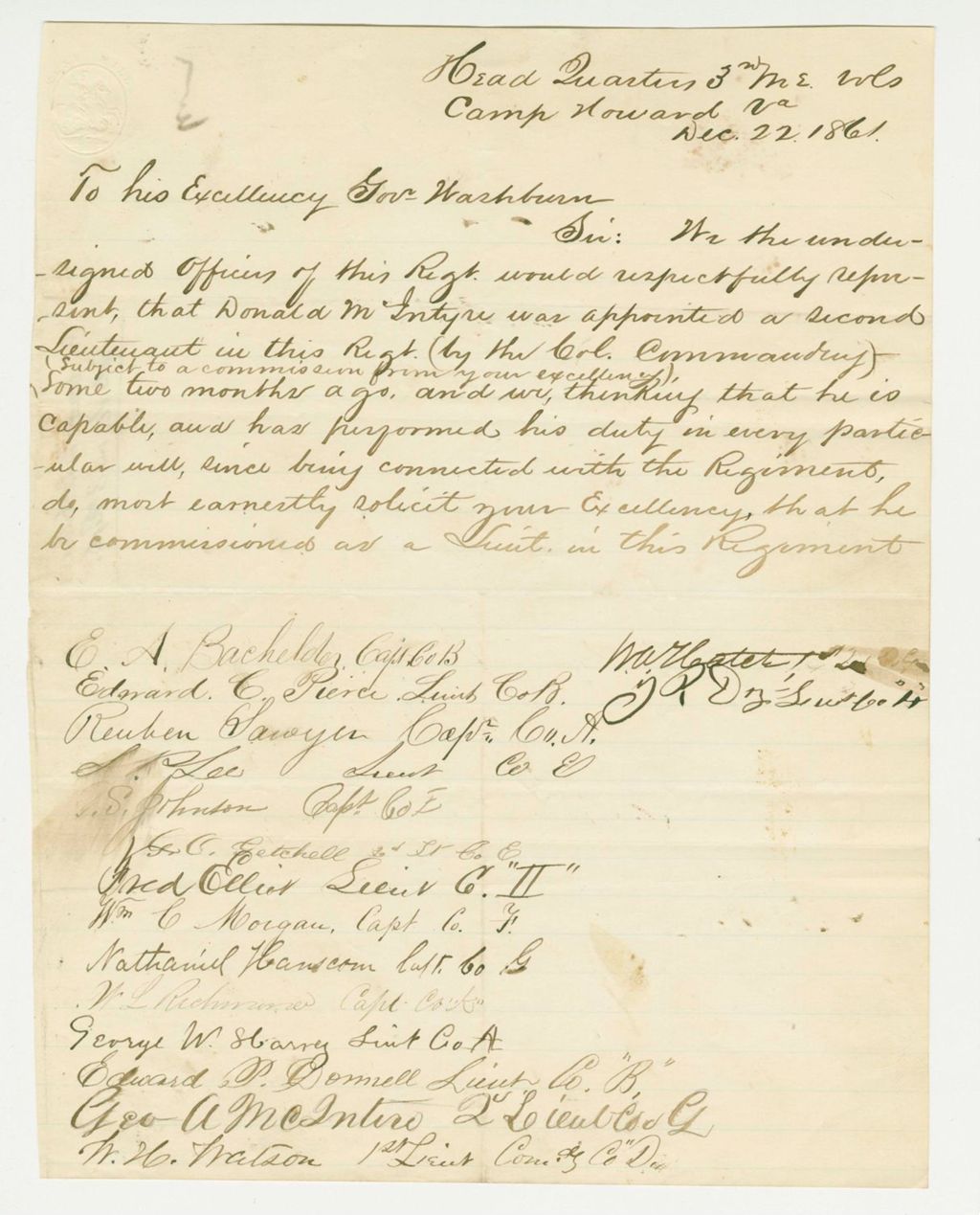 Miniature of Captain Bachelder and other officers recommend promotion of Donald McIntyre to Lieutenant