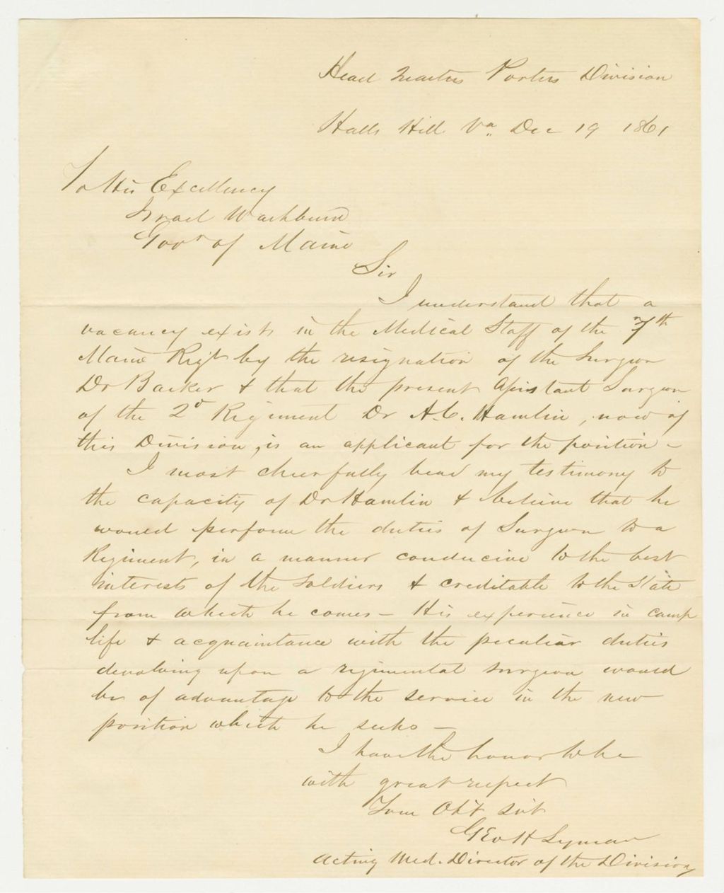 Miniature of George H. Lyman, Division Medical Director, recommends Dr. Hamlin for surgeon in the 7th Regiment