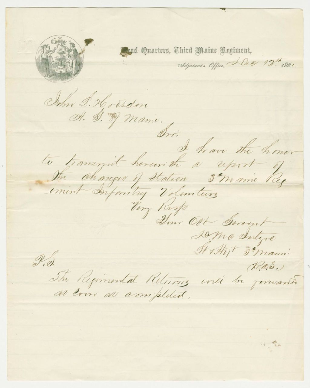Miniature of Lieutenant McIntyre sends report of the changes of station in the regiment