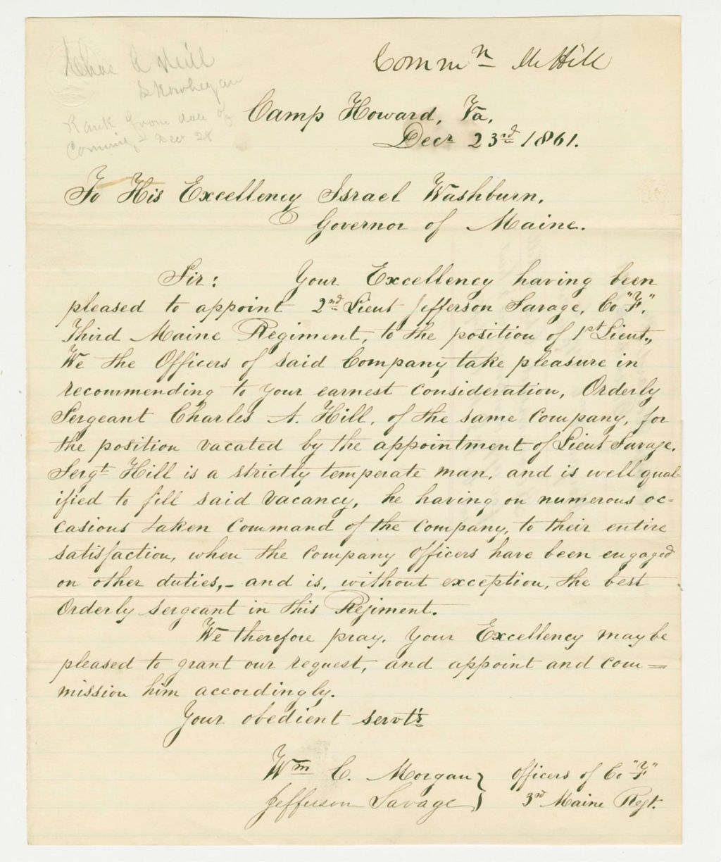 Miniature of Officers William C. Morgan and Jefferson Savage recommend Charles A. Hill for promotion
