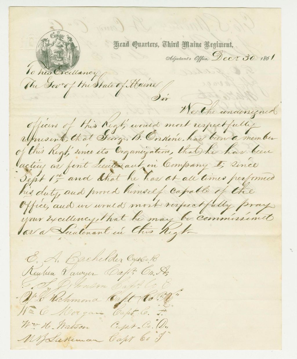 Miniature of Officers of Company I request a commission for George B. Erskine