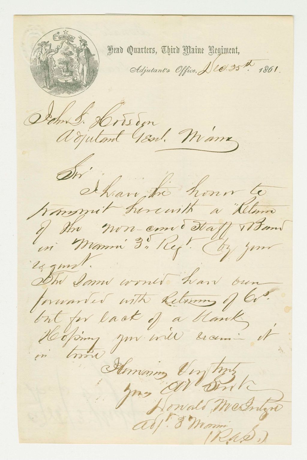 Miniature of Adjutant Donald McIntyre sends the returns of the non-commissioned staff and band