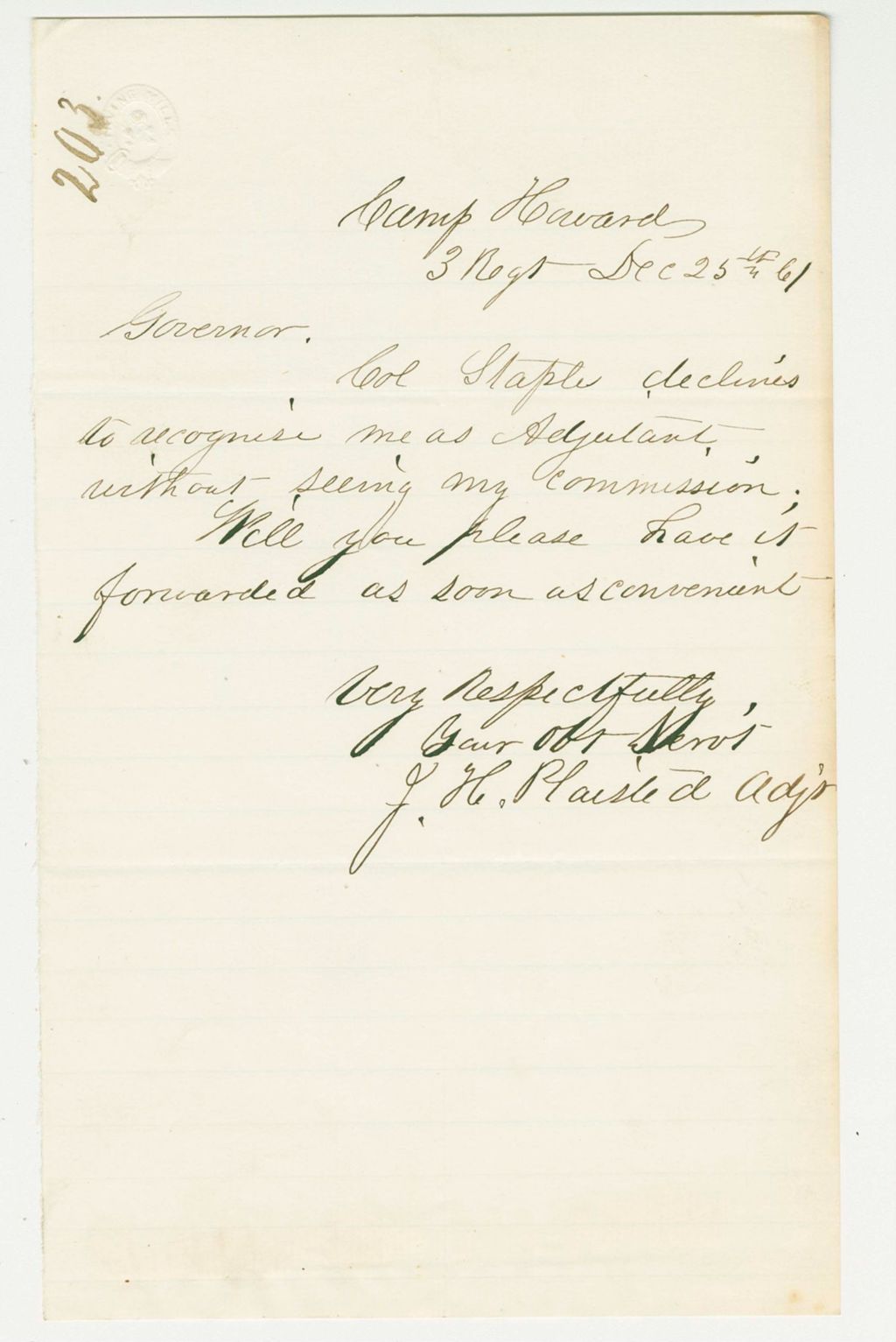 Miniature of Adjutant J.H. Plaisted requests his commission