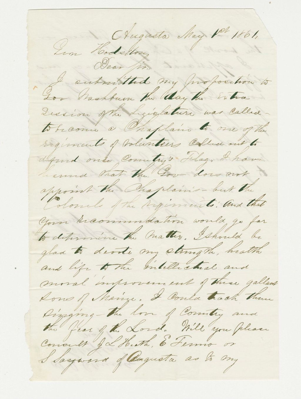 Miniature of Andrew J. Church offers his services as chaplain to Adjutant General Washburn