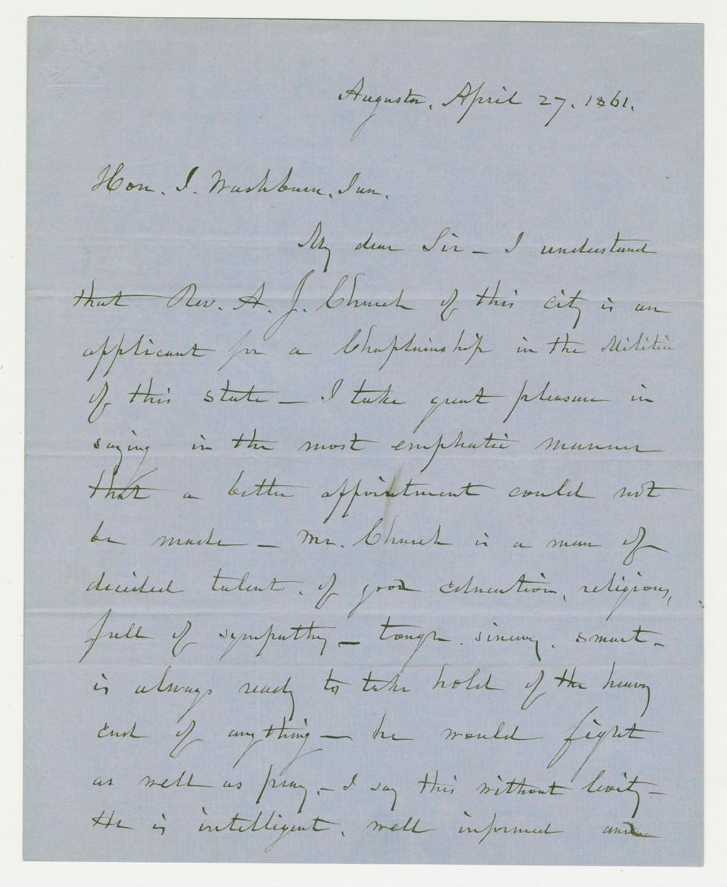 Miniature of Edward Fenno recommends A.J. Church for chaplain