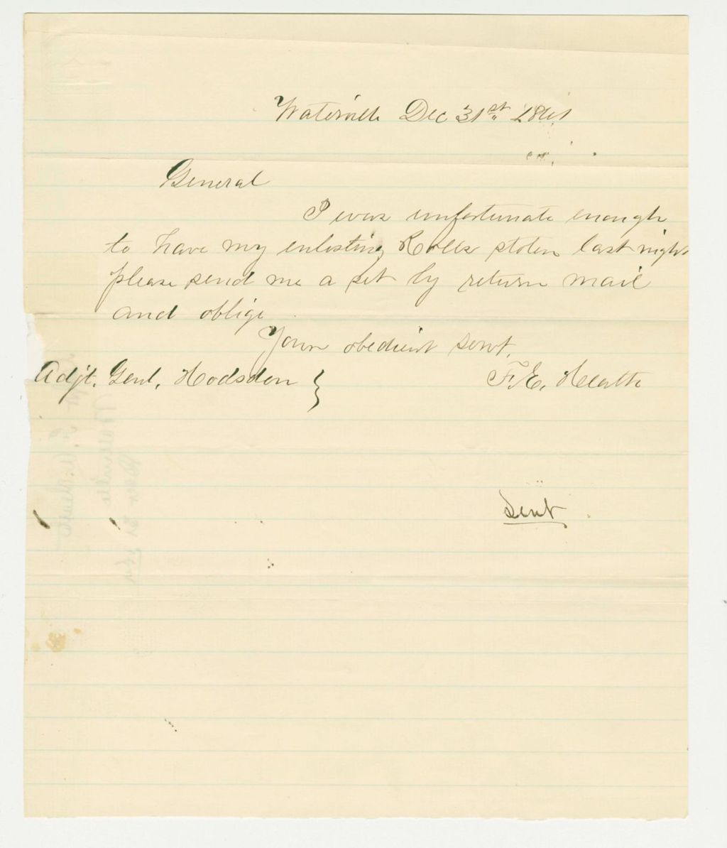 Miniature of F.E. Heath reports his enlisting rolls were stolen