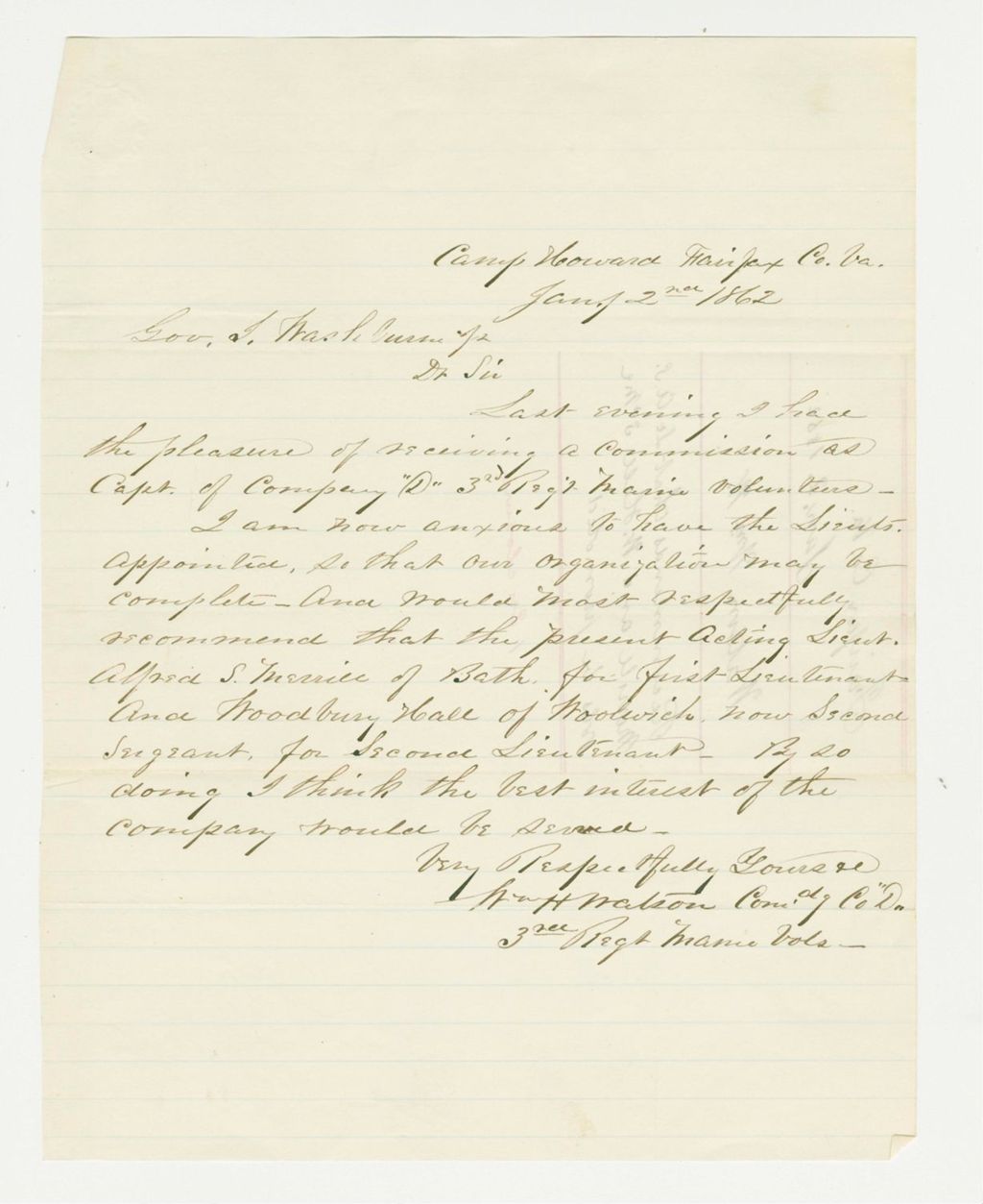 Miniature of William Watson of Company D requests to have lieutenants appointed
