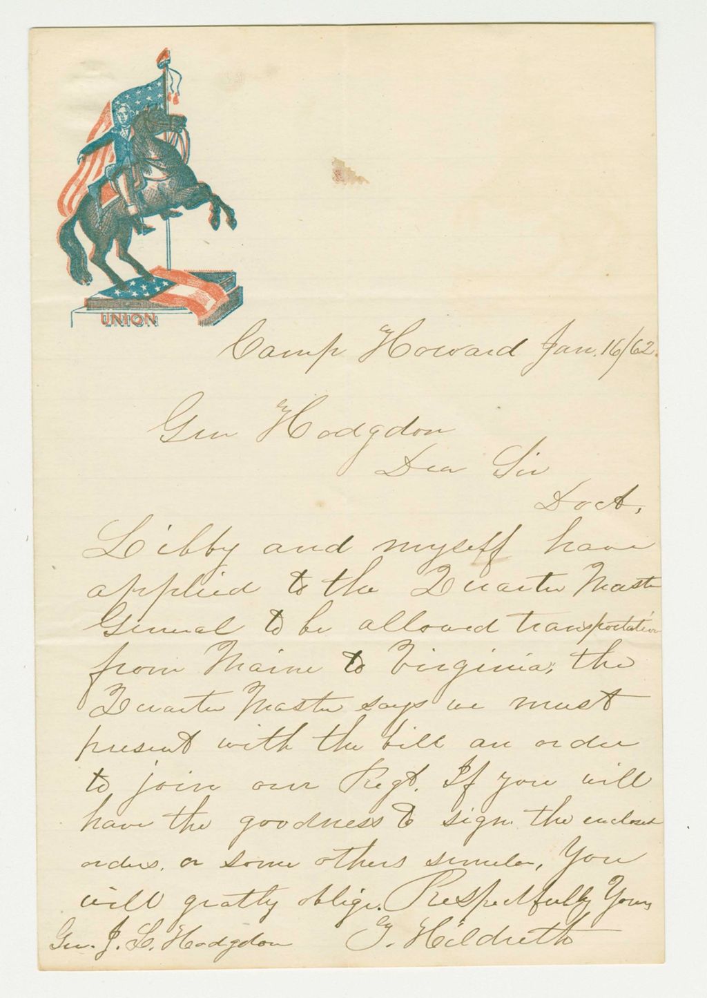 Miniature of Mr. Hildreth writes General Hodsdon about transportation to Virginia with Dr. Libby