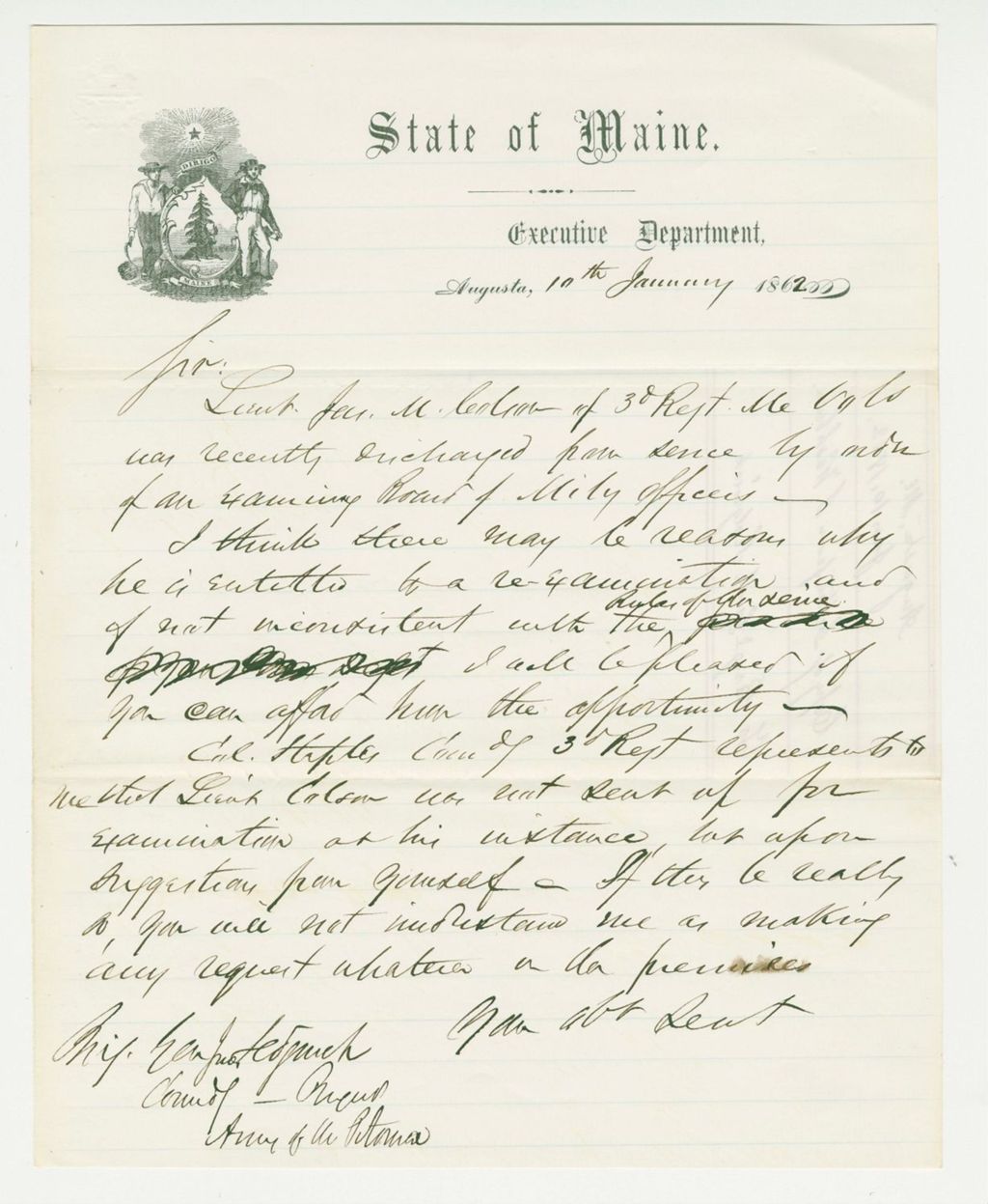 Miniature of Governor Washburn writes Brigadier General Sedgwick requesting a position for James Colson