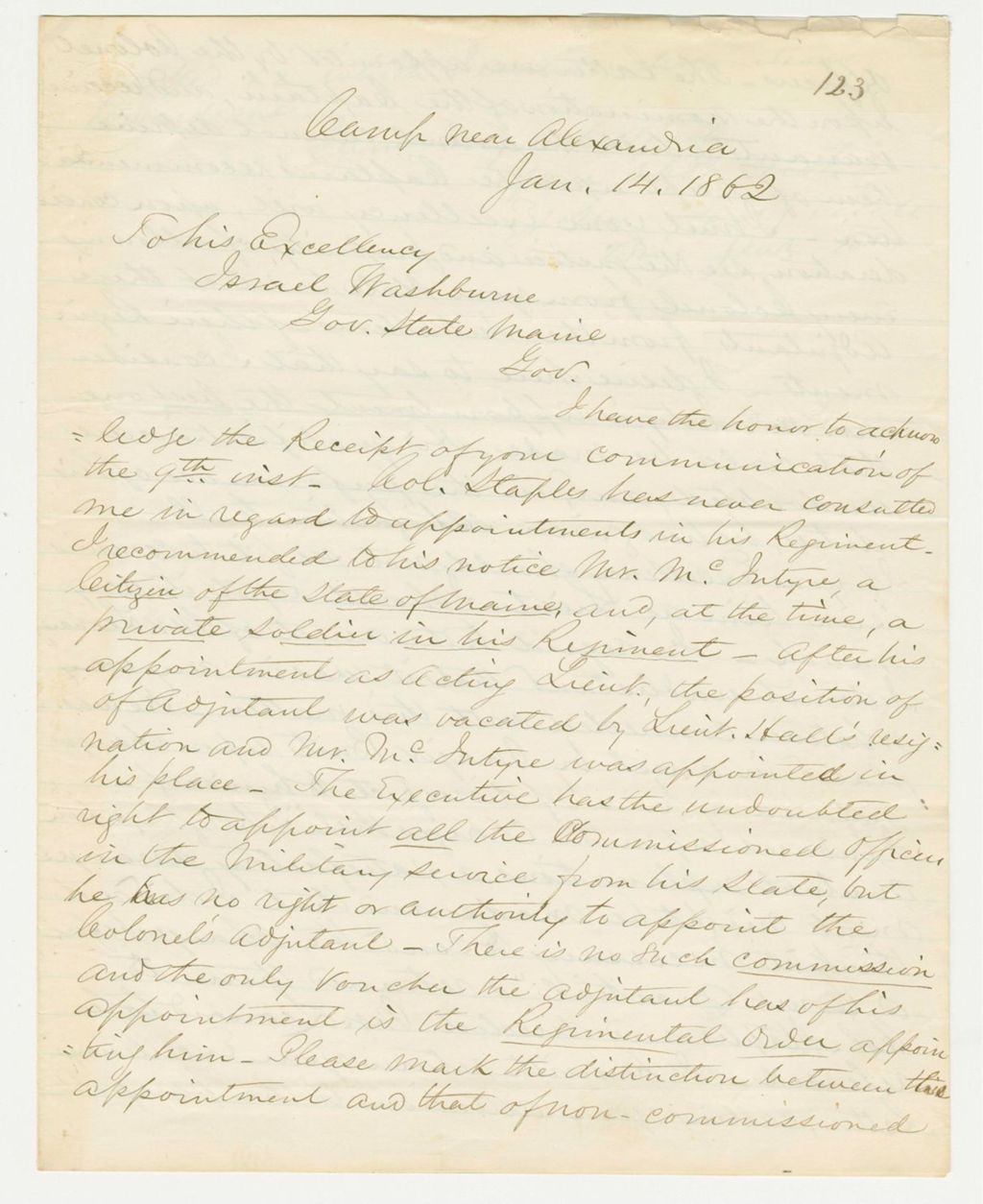 Miniature of Brigadier General John Sedgewick writes Governor Washburn regarding his recommendation of Mr. McIntyre