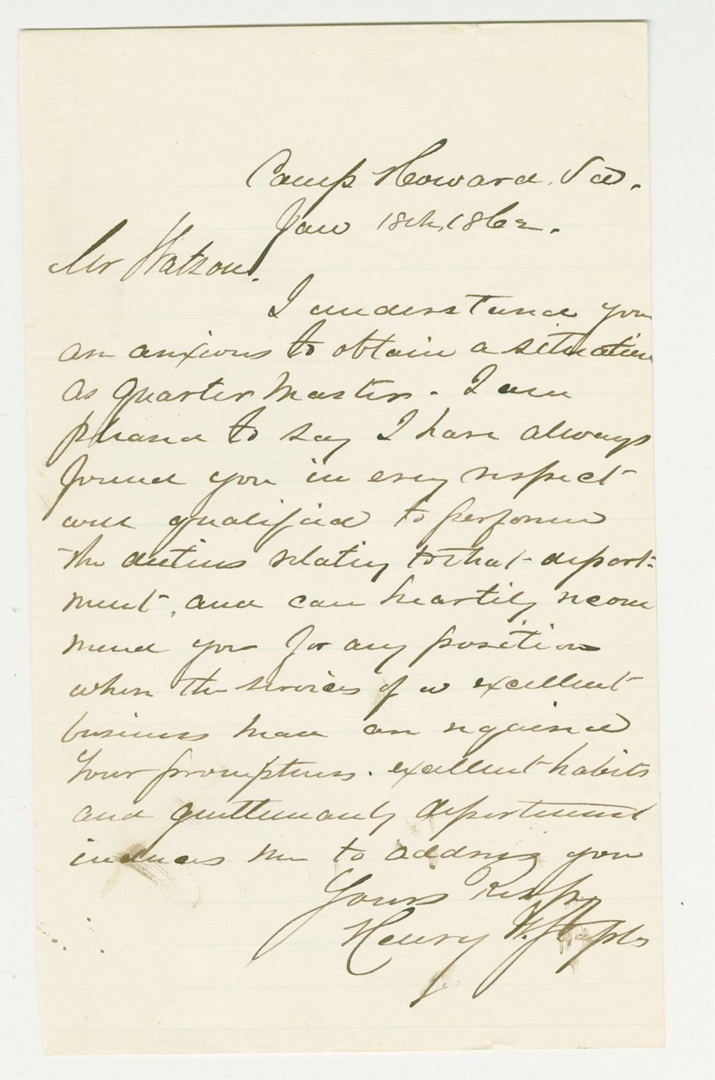 Miniature of Colonel Staples recommends Mr. Watson for Quarter Master