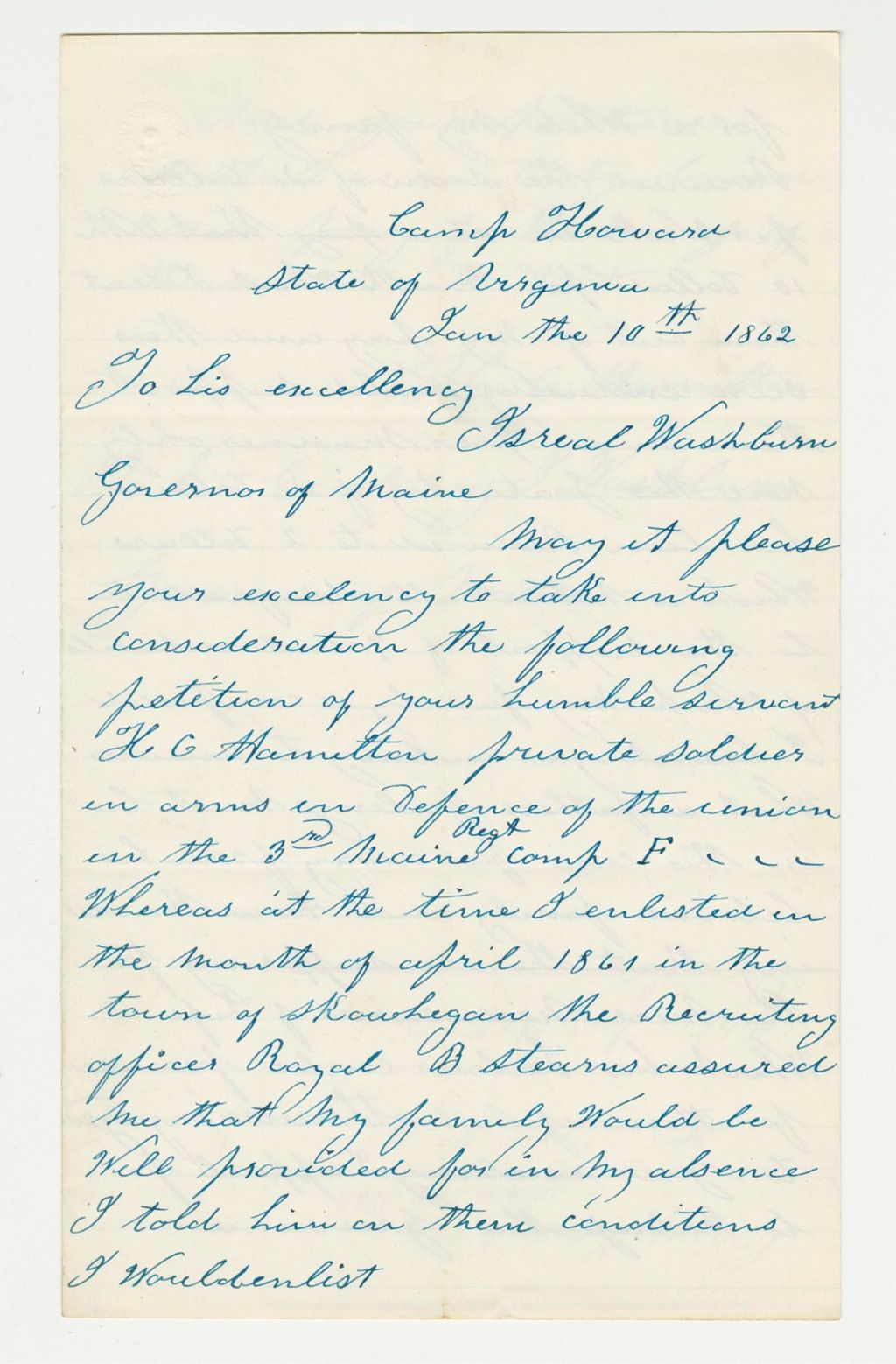 Miniature of H. Hamilton of Company F requests relief for his family