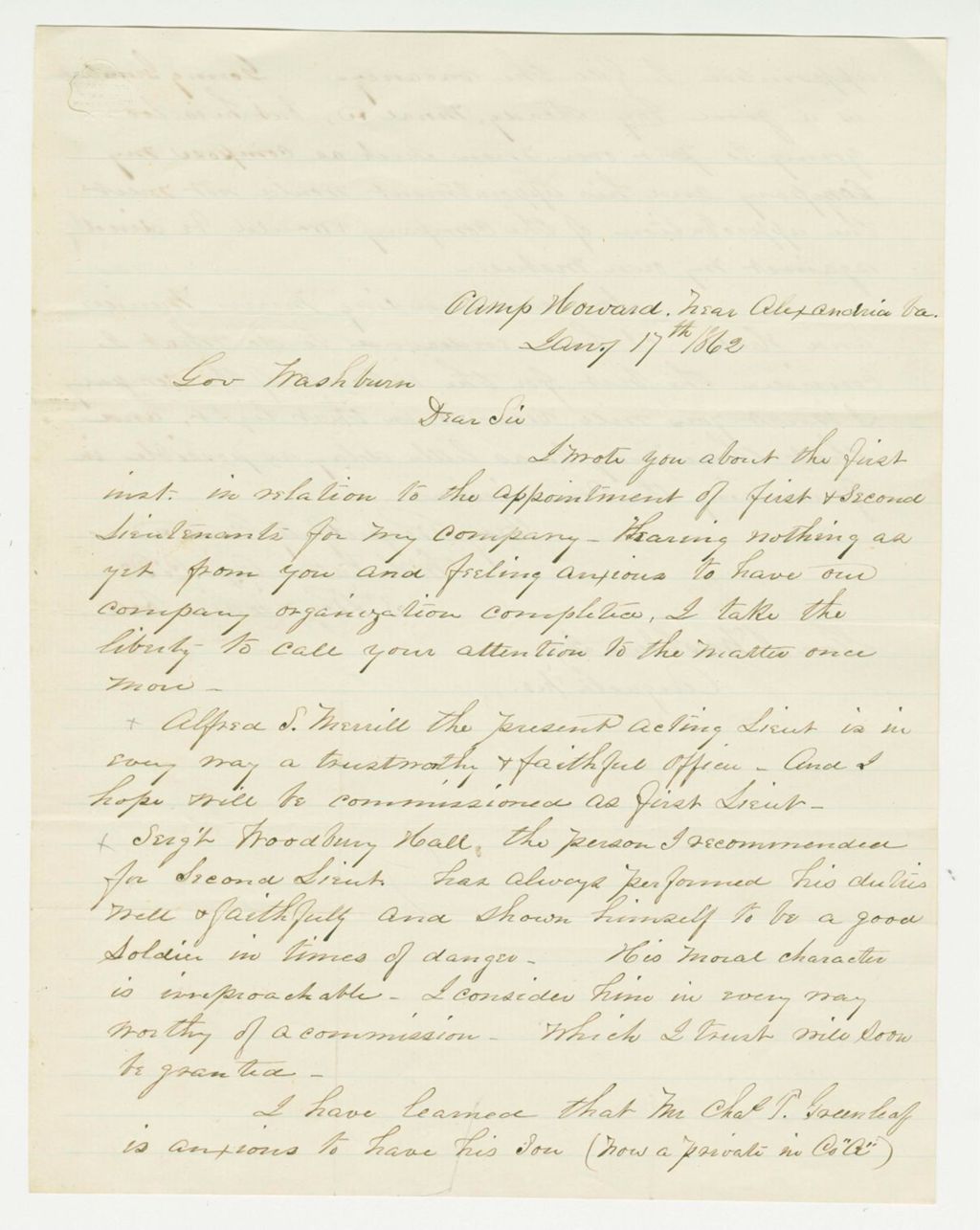 Miniature of Captain Watson of Company D writes Governor Washburn about commissions