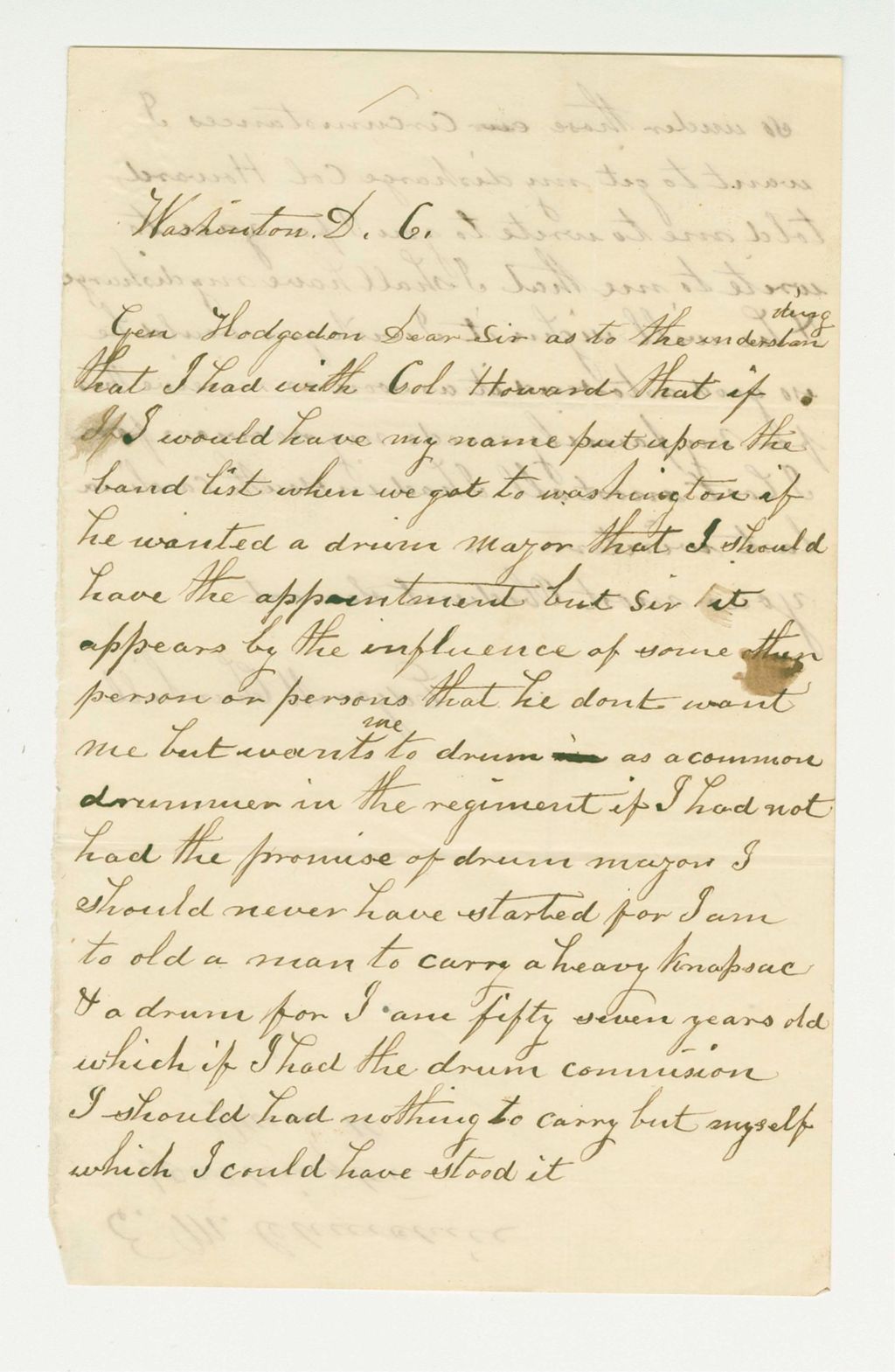 Miniature of Edgar M. Churchill requests position as drum major as at age 57 he is too old to carry a heavy knapsack