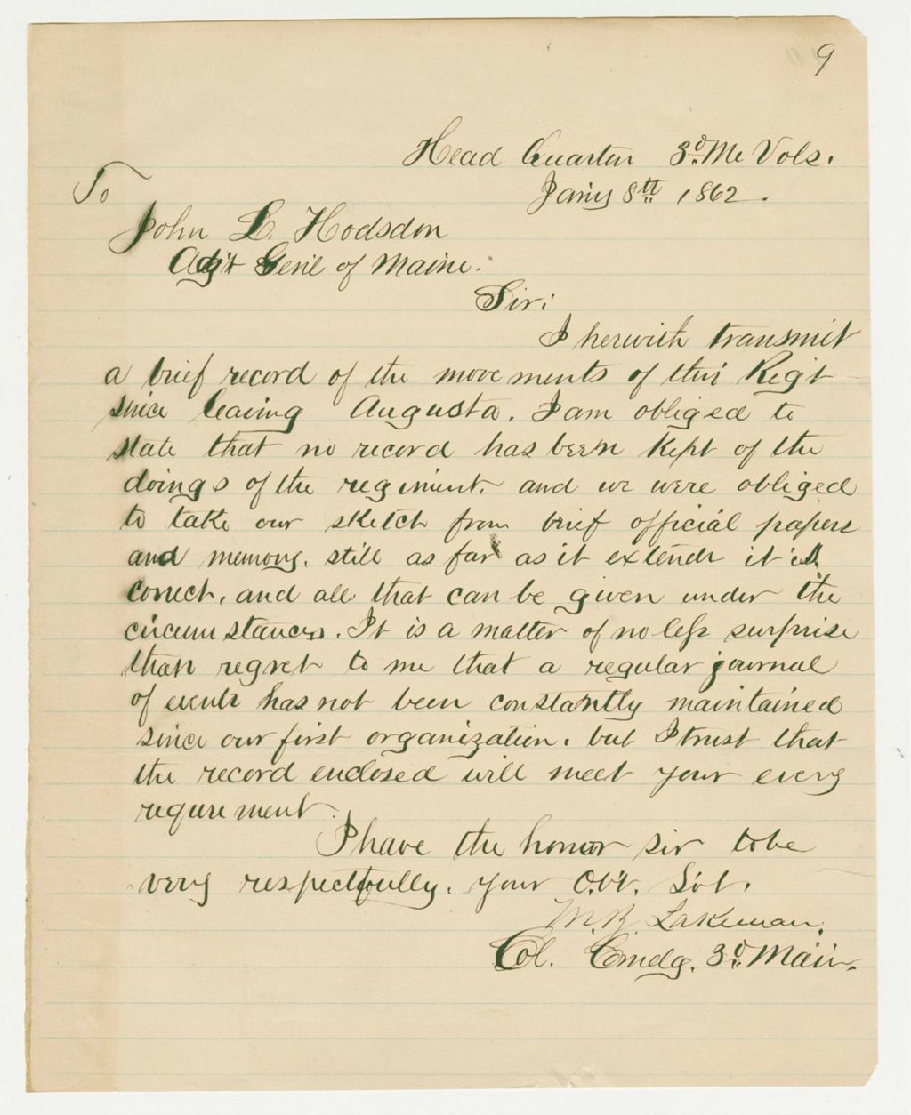 Miniature of Colonel Moses Lakeman writes Adjutant General Hodsdon