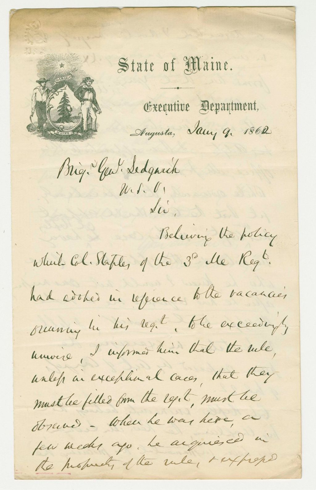 Miniature of Letter from Governor Washburn to Brigadier General Sedgwick regarding Colonel Staples' disagreement about vacancies