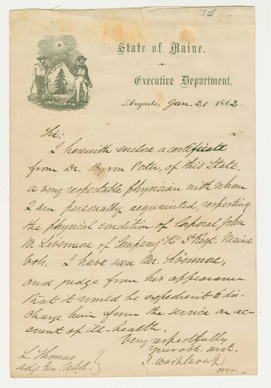 Miniature of Governor Washburn recommends the discharge of John Livermore of Company H for ill health
