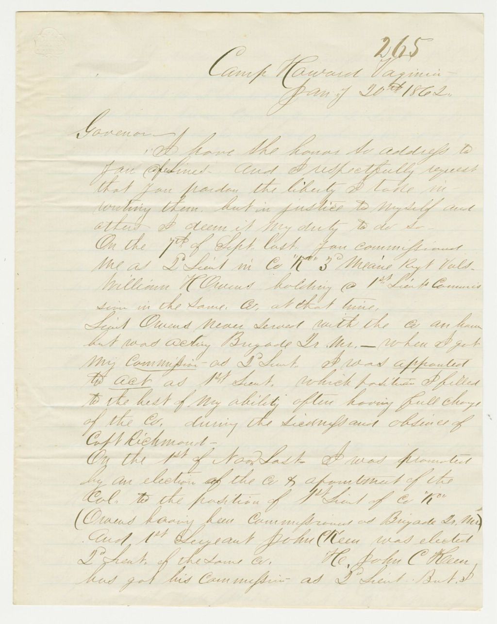 Miniature of Lieutenant Charles B. Haskell of Company K requests a promotion