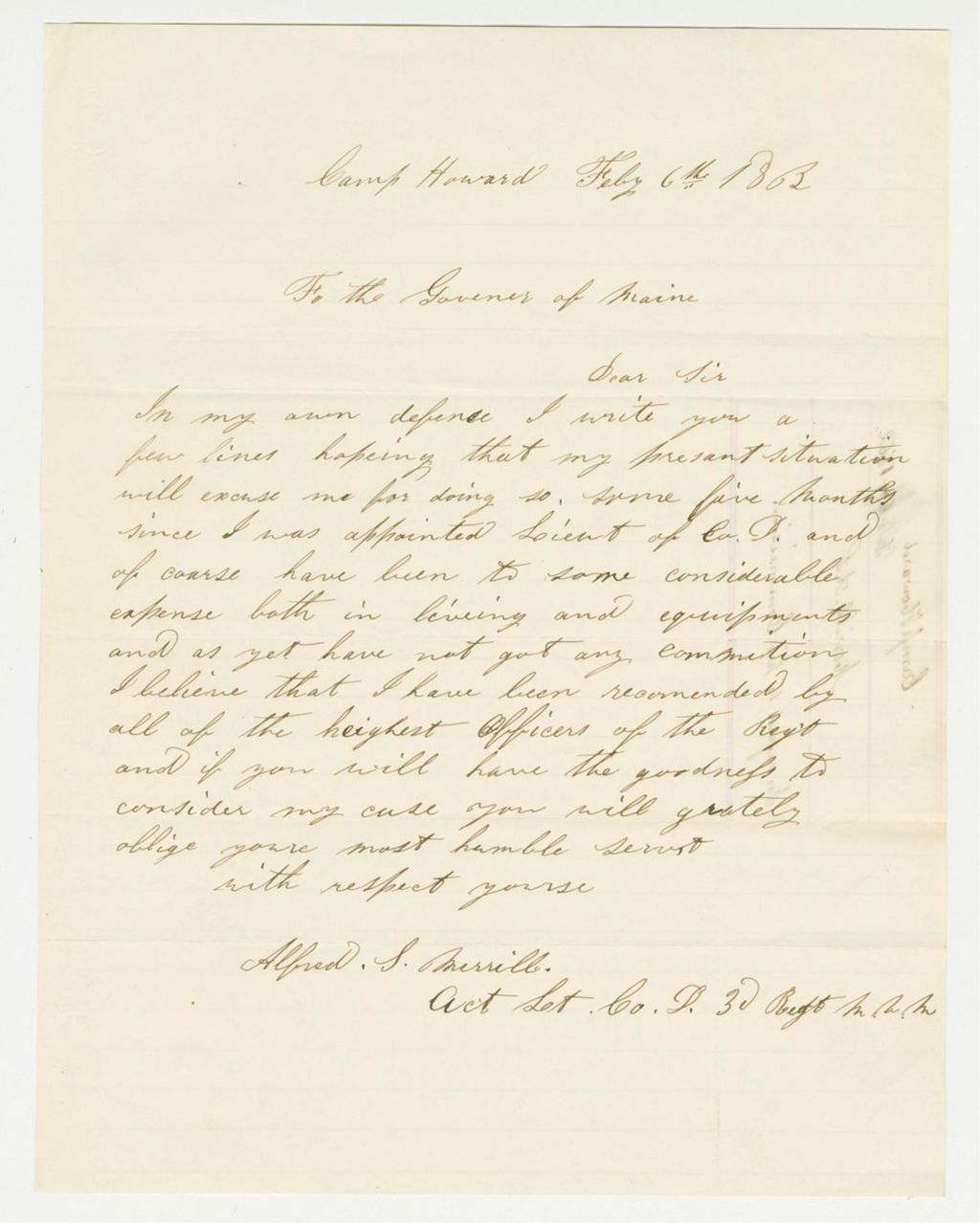 Miniature of Lieutenant Alfred Merrill of Company D requests compensation for expenses