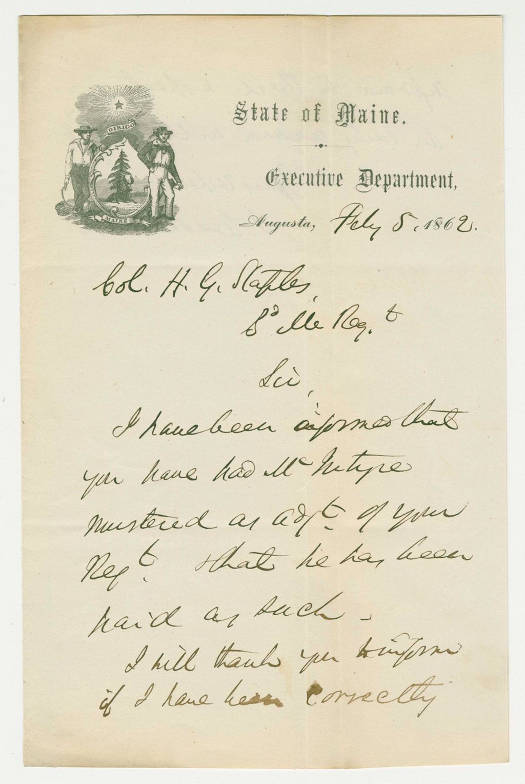 Miniature of Governor Washburn inquires if Colonel Staples has mustered McIntyre as Adjutant